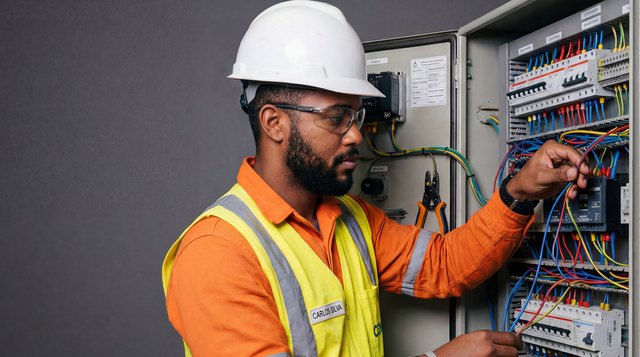 Técnico da MFB executando serviço em quadro elétrico