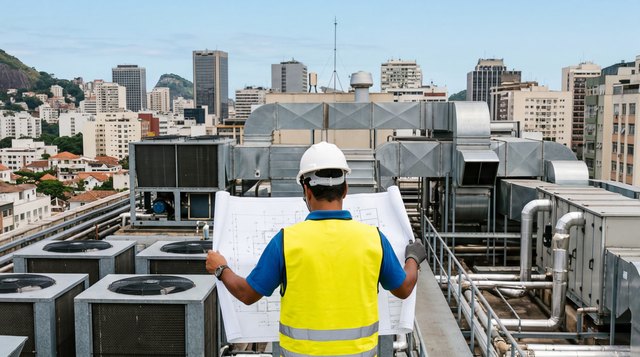 Profissional analisando projeto sobre laje técnica com equipamentos de climatização