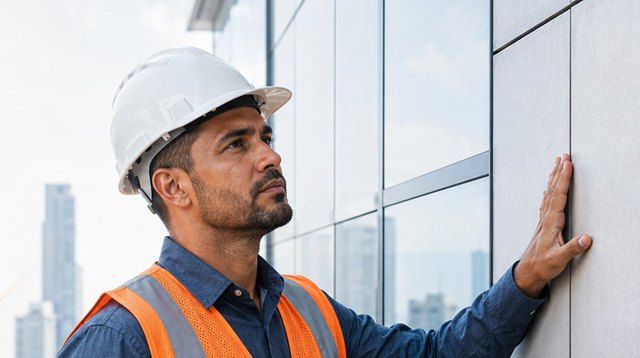 Engenheiro inspecionando fachada de edifício corporativo